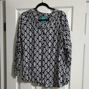 Escapada Navy Blue and White Coastal Knot V Neck Button Blouse Size Large